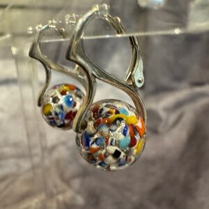 Multicolor Murano Millefiori Glass Ball Drop 925 Sterling Silver Earrings